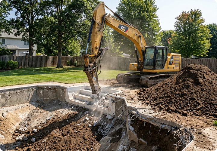 Travaux de démolition de piscine avec excavatrice